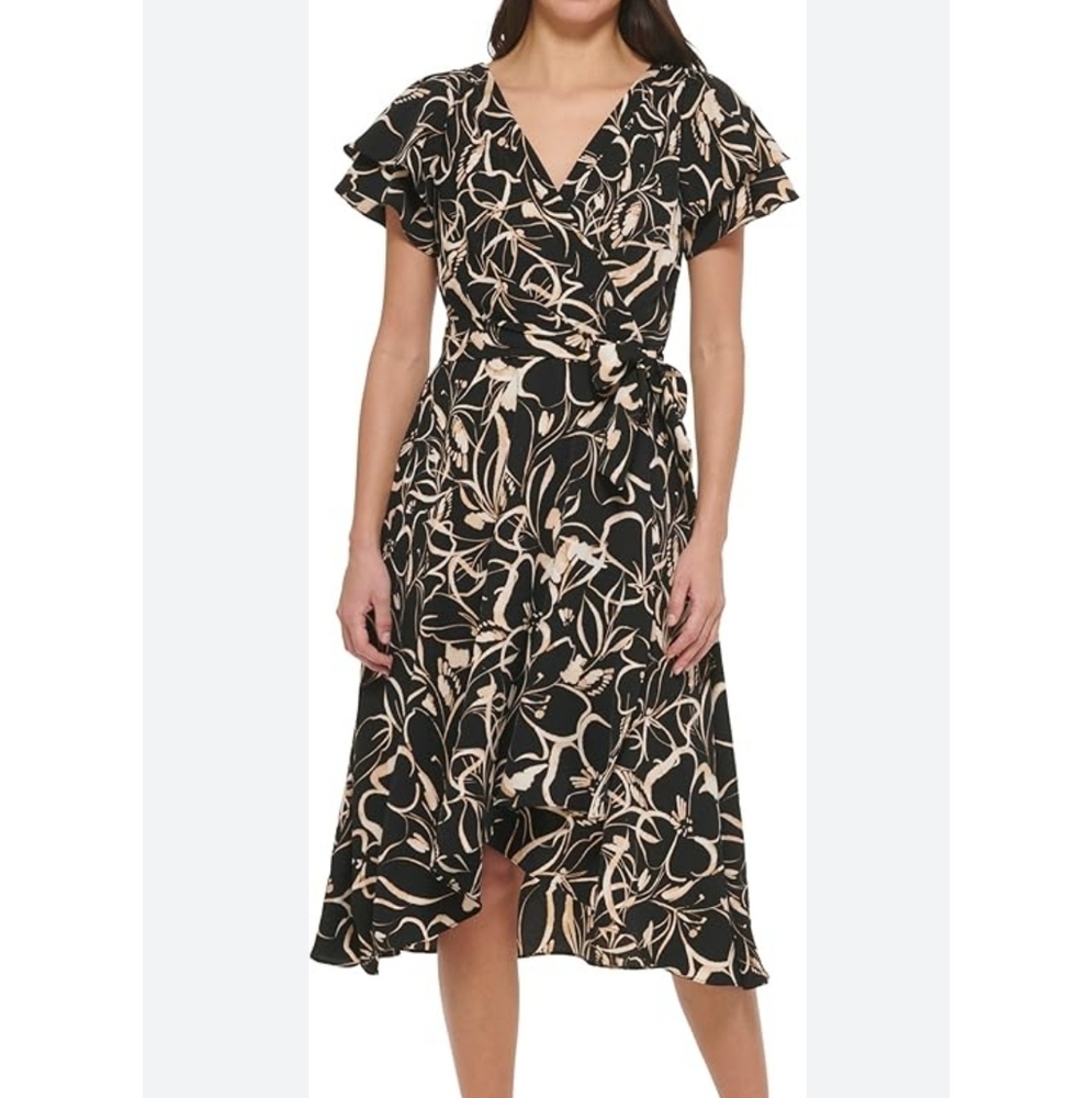 DKNY Black and Cream Ruffled Wrap Midi Dress